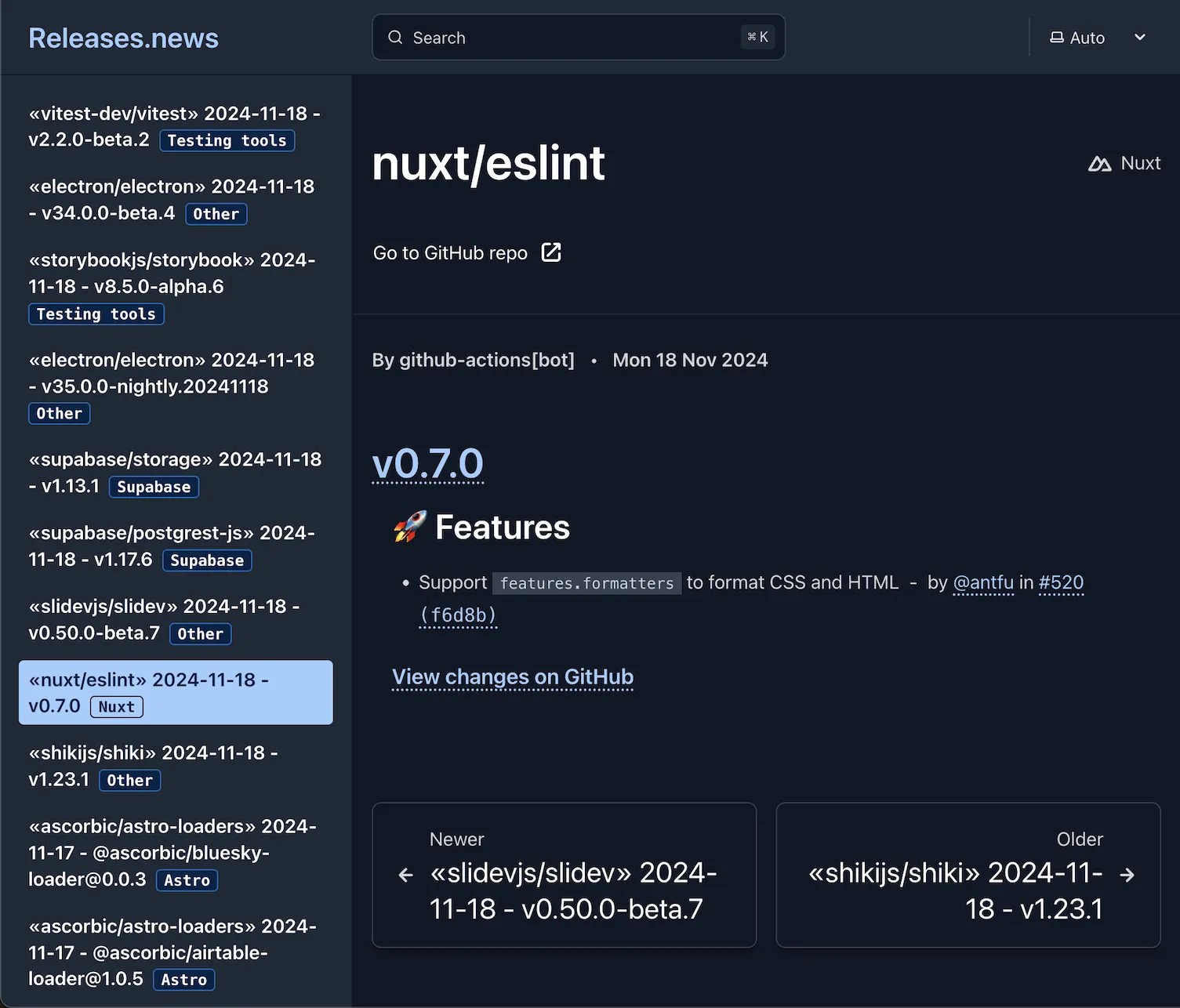 A screenshot of Releases.news, opened up to a page showing a release from the nuxt/eslint repository.